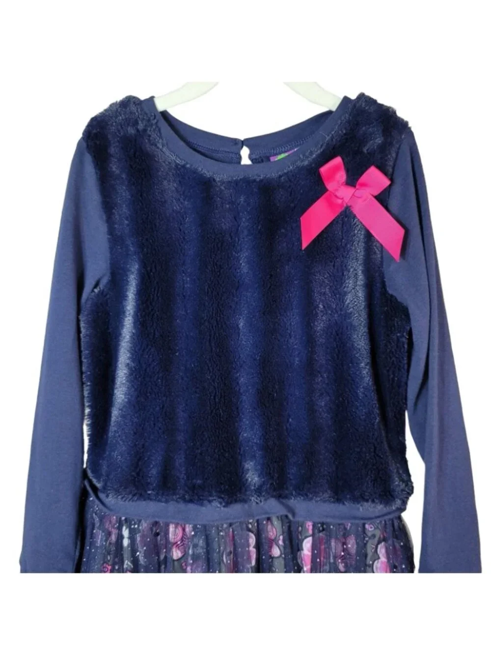 Dollie & Me Girls Tutu Dress Blue Size 7 Bow Long Sleeve Floral Tulle Faux Fur